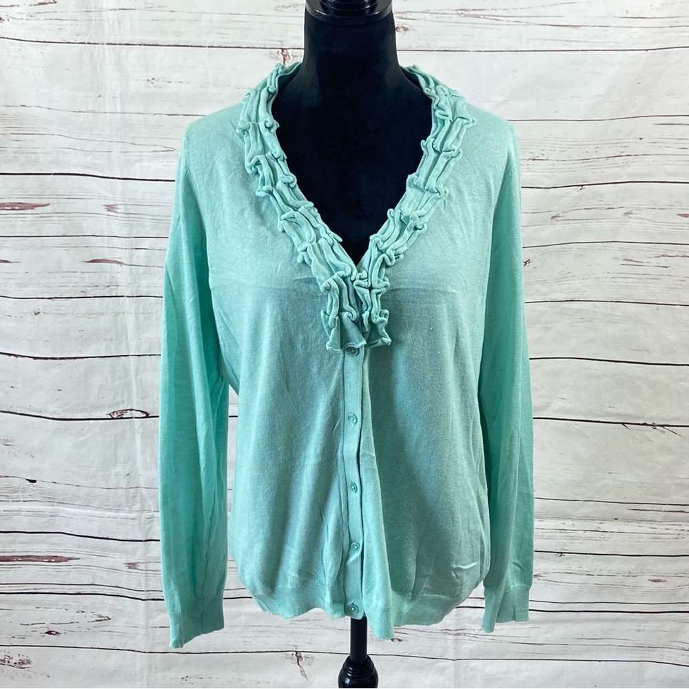 Talbots Sweater Women’s XL Blue Cardigan Button-Front Ruffle Wool Blend V-Neck